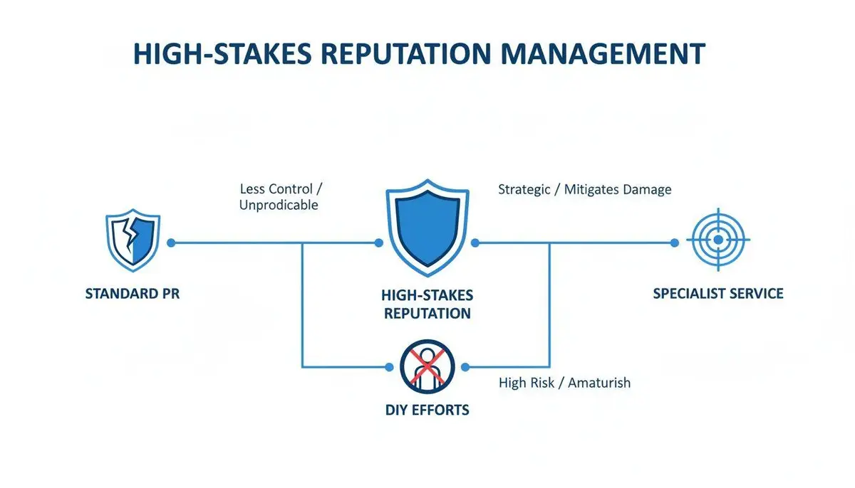 Flowchart illustrating high-stakes reputation management strategies, comparing Standard PR and DIY efforts with a Specialist Service.