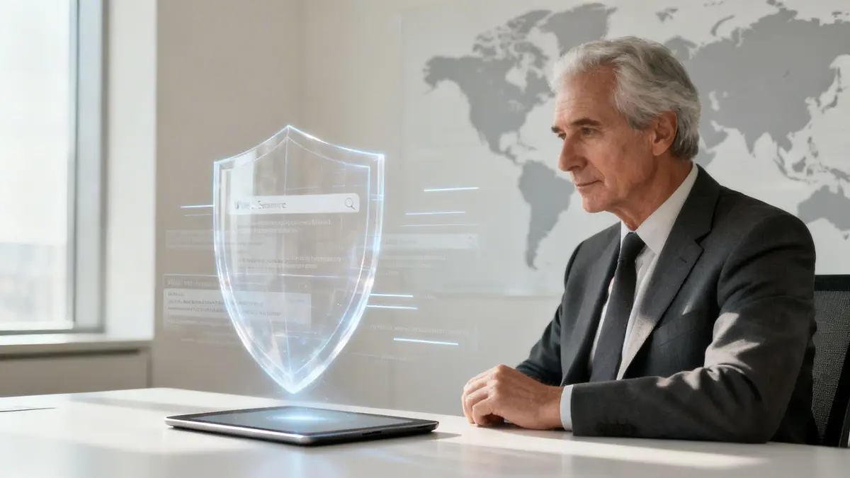 An older businessman in a suit looks at a holographic data security shield projected from a tablet.