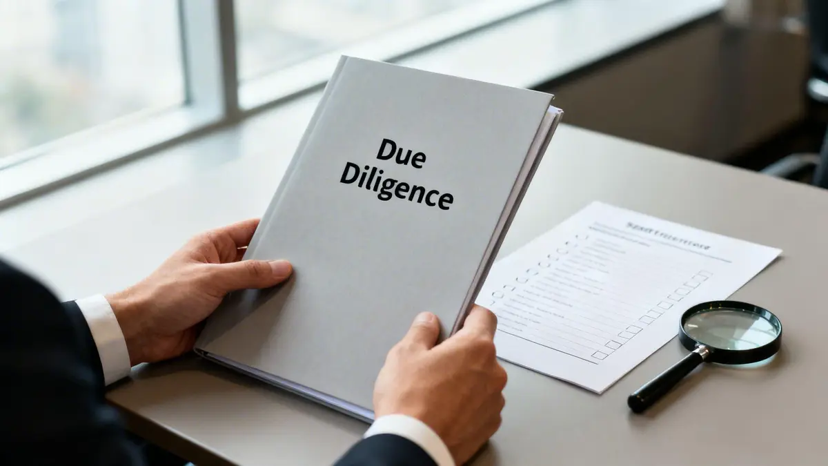 A person holds a 'Due Diligence' binder, with a checklist and magnifying glass on a desk.