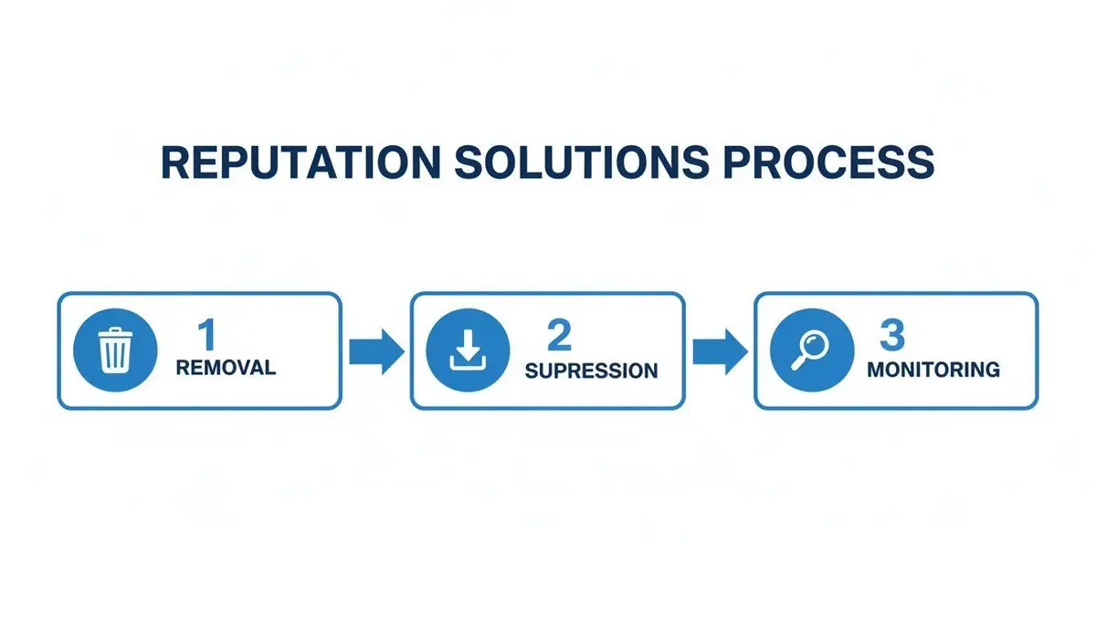 Infographic showing a three-step reputation solutions process: Removal, Suppression, and Monitoring.