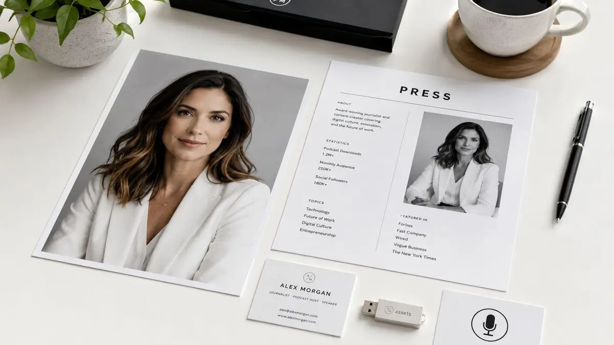 A professional personal branding kit including a headshot, press sheet, business card, and flash drive on a desk.