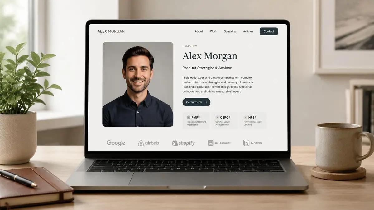 A professional portfolio website for Alex Morgan displayed on a laptop screen on a desk.