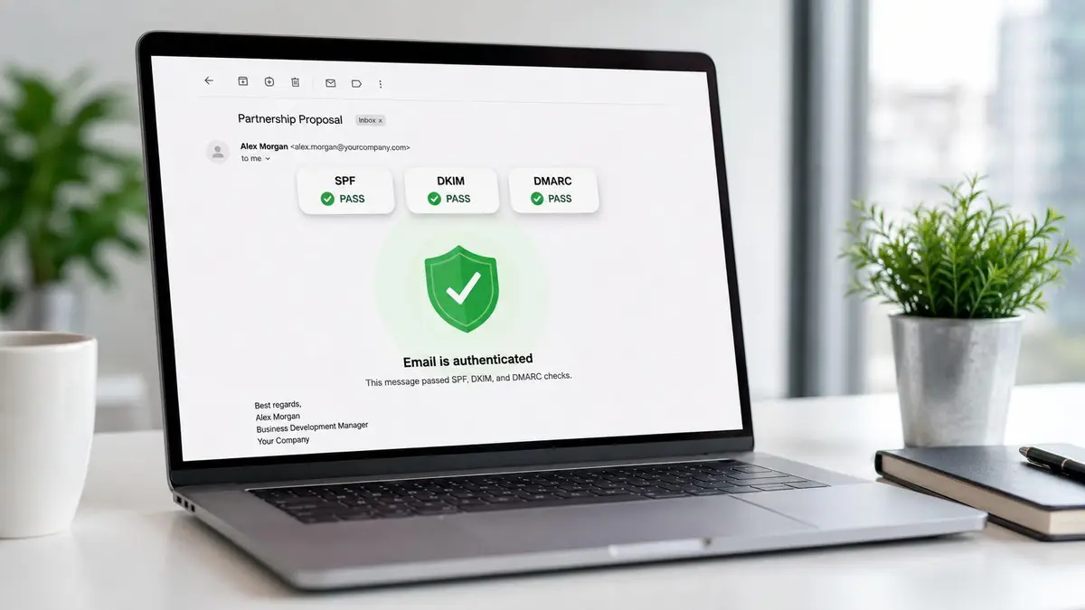 A laptop screen displaying an email verification status showing passed SPF, DKIM, and DMARC security checks.
