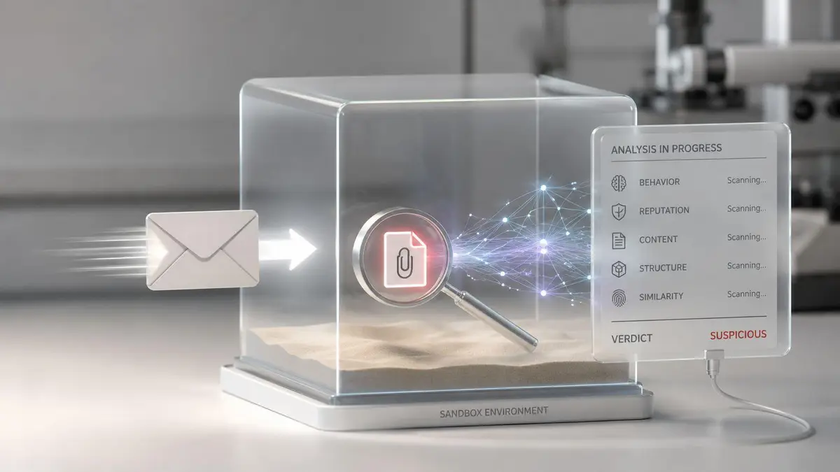 A conceptual 3D illustration of an email attachment undergoing security analysis inside a virtual sandbox environment.