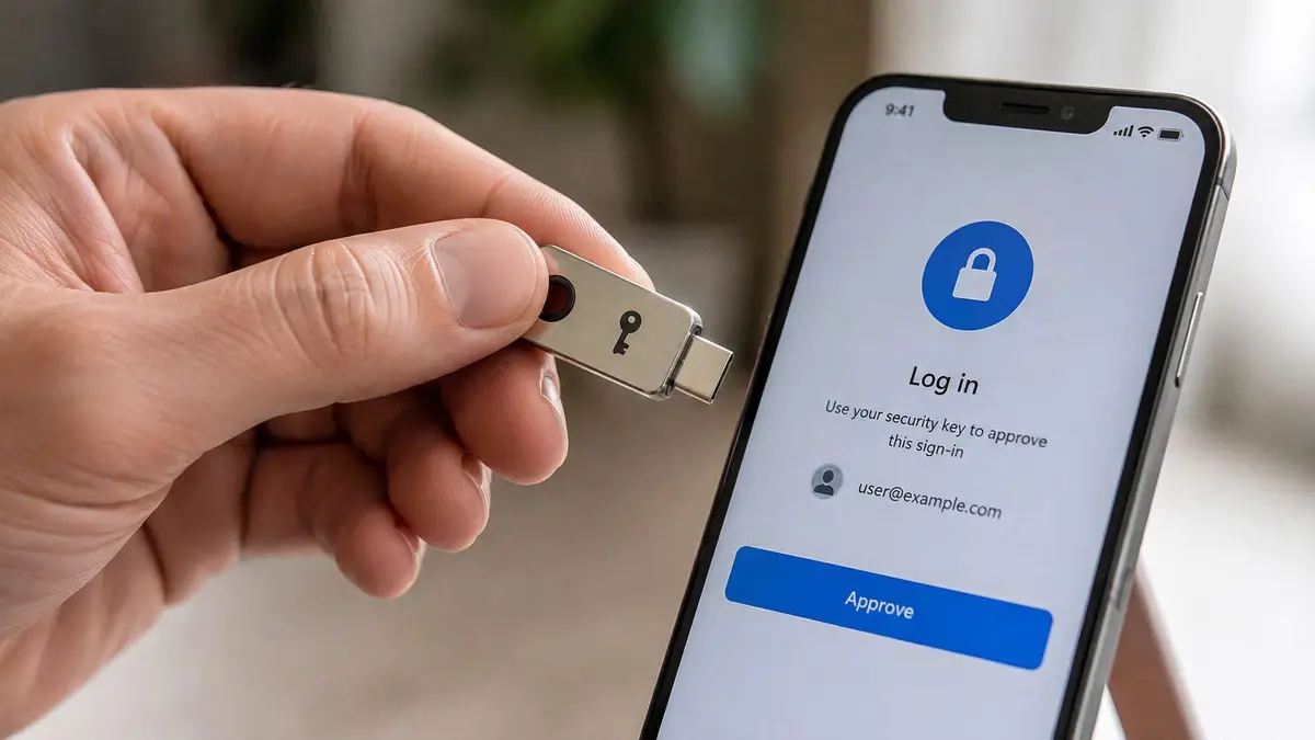 A person holding a USB security key near a smartphone displaying a login approval screen.