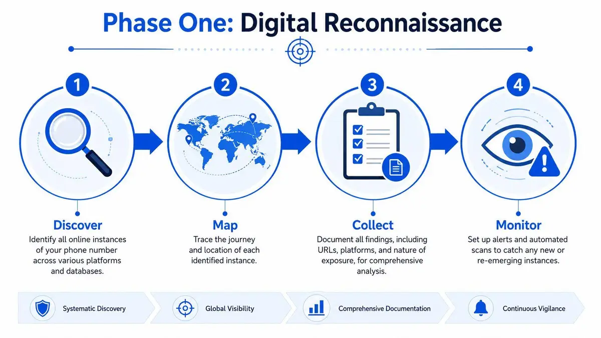 A four-step diagram illustrating the digital reconnaissance process for monitoring phone numbers on the internet.