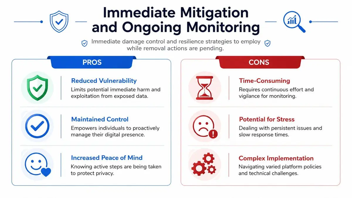 An infographic showing the pros and cons of immediate mitigation and ongoing monitoring for digital privacy.