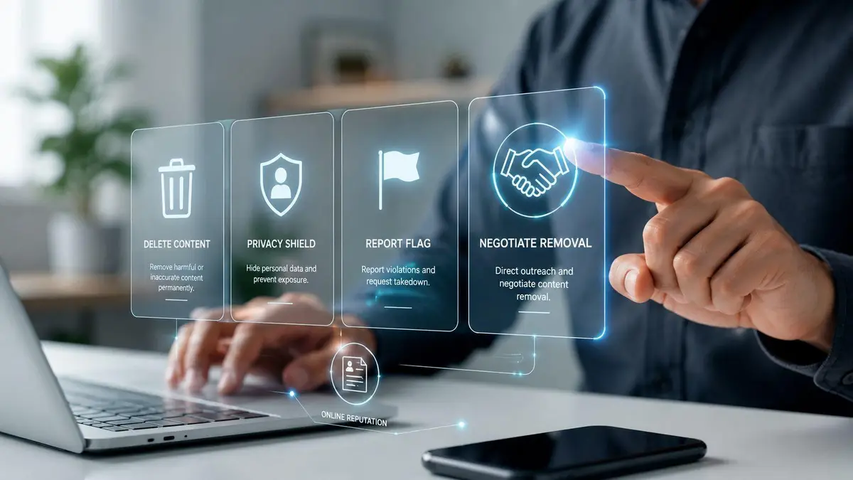 A person uses a digital interface to manage online reputation and negotiate the removal of personal content.