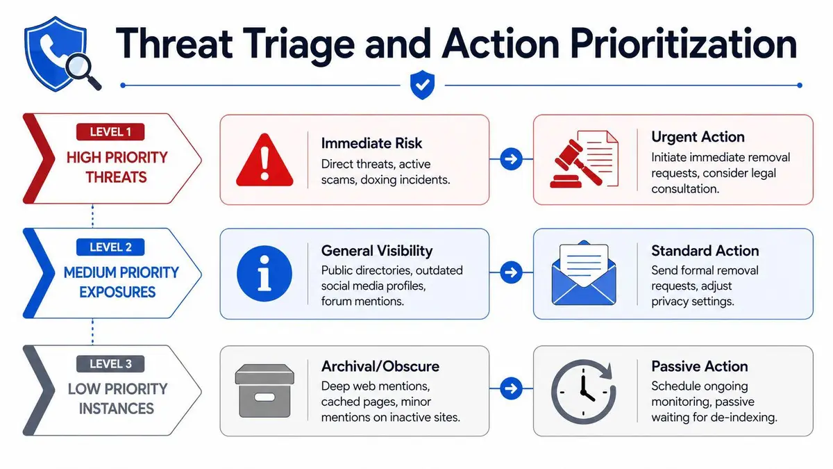 A chart showing threat triage and action prioritization levels for managing internet search results.