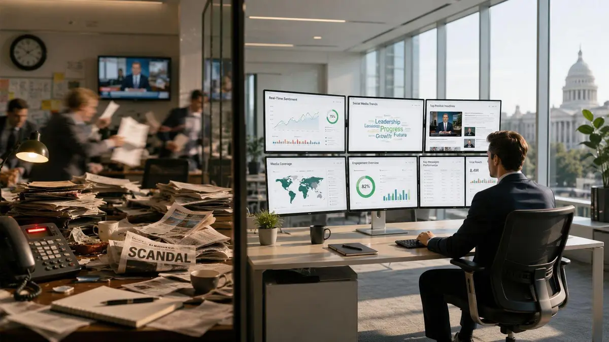 A professional working at a desk with multiple computer screens monitoring political reputation and media coverage.