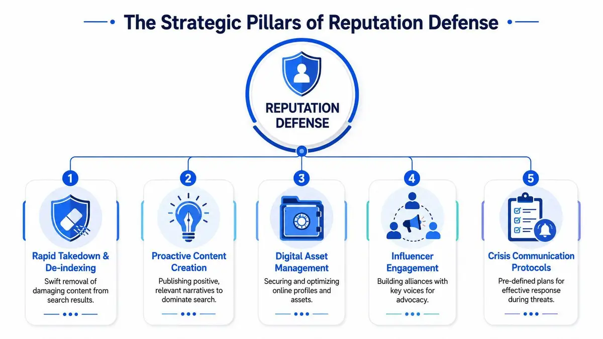 A diagram illustrating the five strategic pillars of online reputation defense including takedowns, content creation, and crisis protocols.