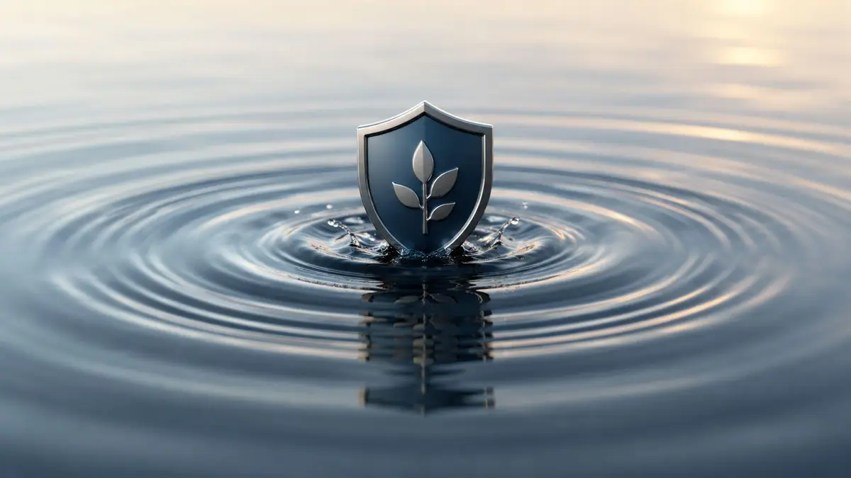 A silver shield icon with a leaf emblem resting on the calm surface of water ripples.
