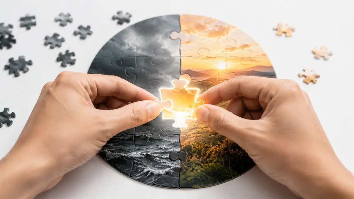 A person fits a glowing puzzle piece into a circular puzzle showing contrast between darkness and light.