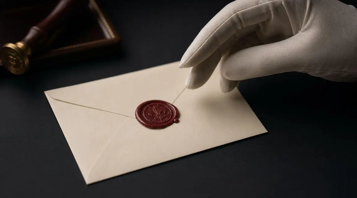 A gloved hand places a wax seal on a formal envelope, signifying professional and high-quality correspondence.