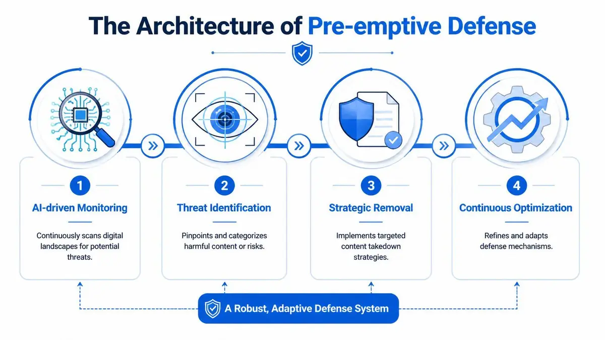 A four-step infographic illustrating the process of an AI-driven pre-emptive defense architecture for digital threat management.