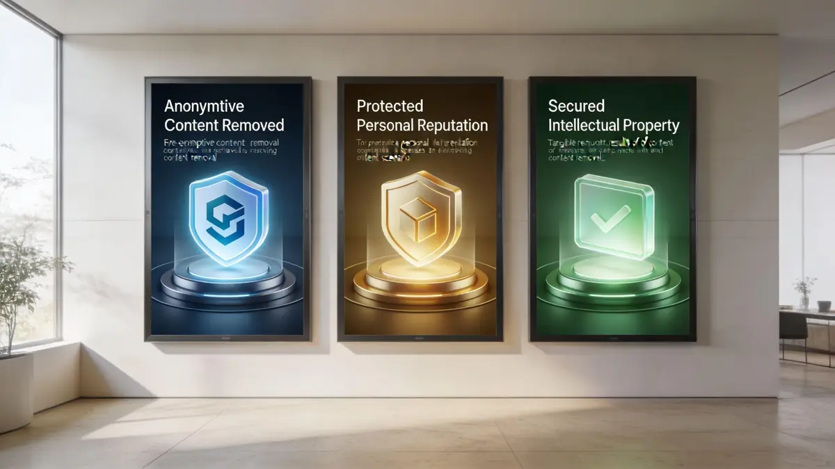 Three digital display screens showing icons for content removal, personal reputation protection, and secured intellectual property rights.