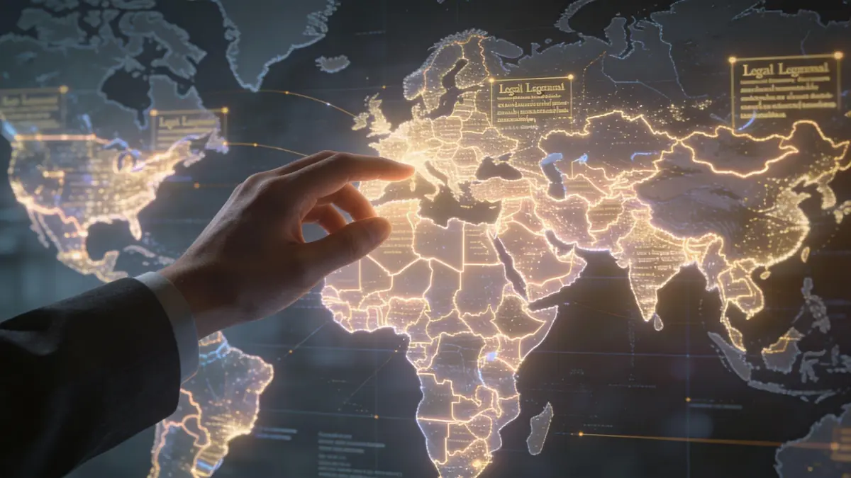 A professional hand interacts with a glowing digital map interface featuring international data connections and legal overlays.