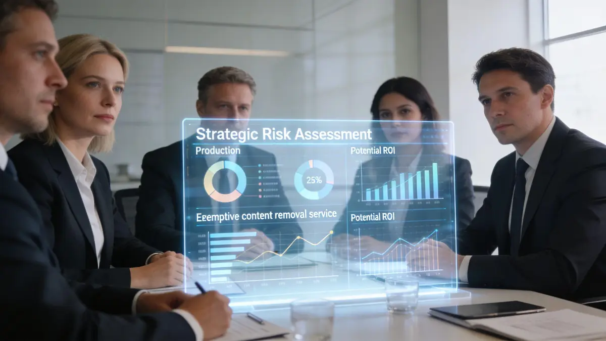 A professional business team viewing a digital holographic chart displaying strategic risk assessment and ROI data.