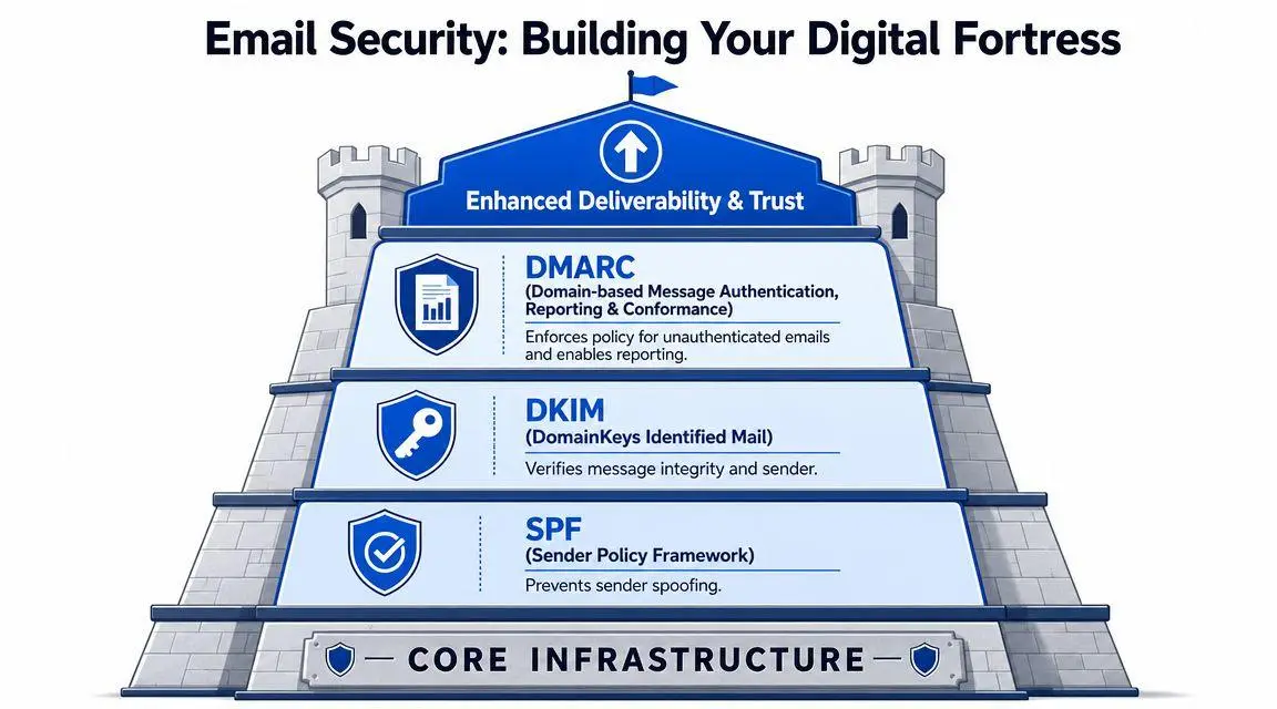 A diagram illustrating the three layers of email security: SPF, DKIM, and DMARC, forming a digital fortress.