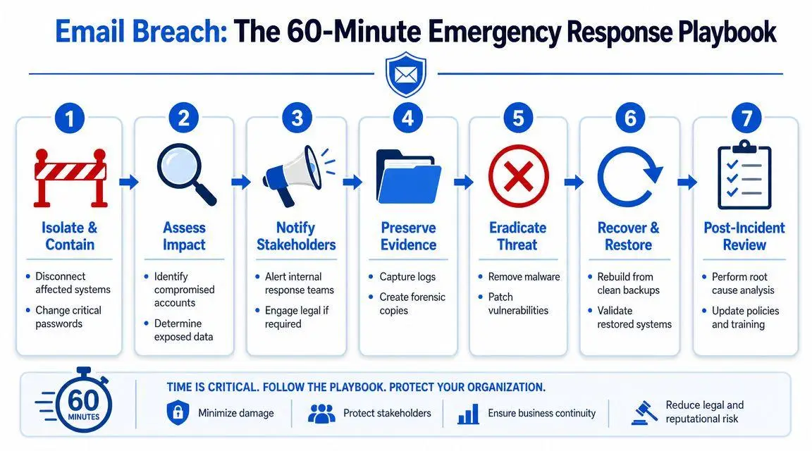 An infographic titled Email Breach: The 60-Minute Emergency Response Playbook detailing seven essential steps for incident recovery.
