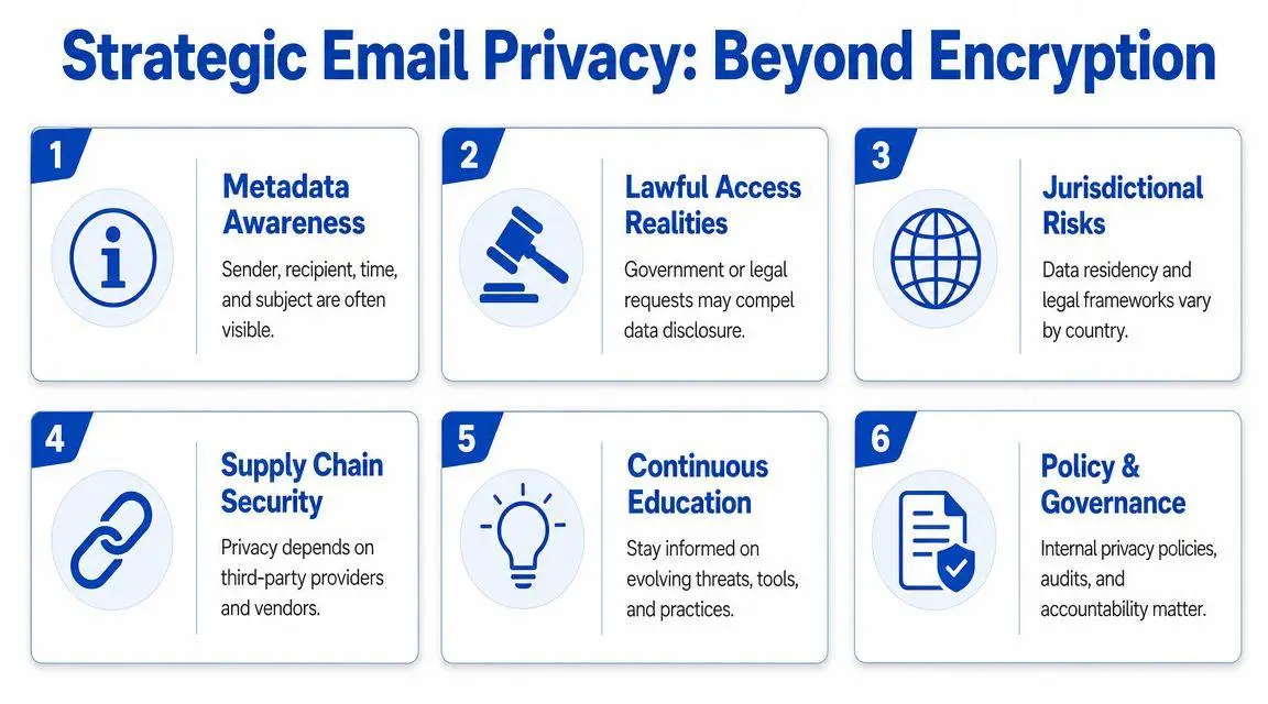 An infographic titled Strategic Email Privacy: Beyond Encryption, listing six essential factors for protecting digital communication.
