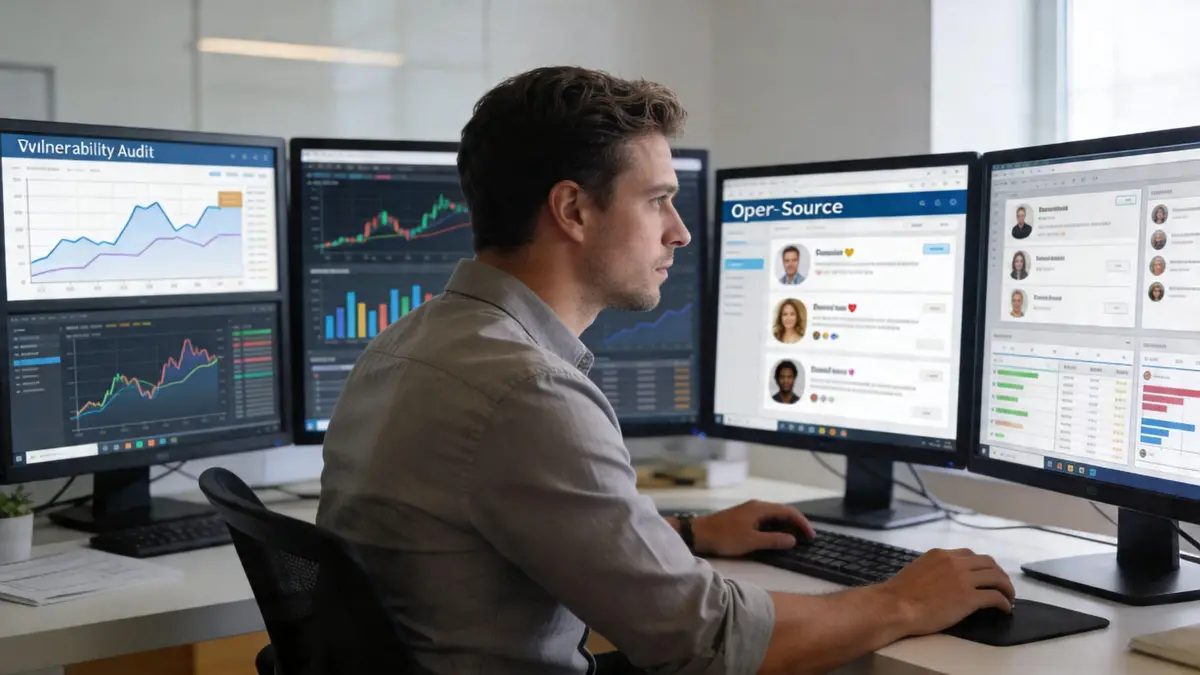 A professional analyzing data and software profiles on multiple computer screens in a modern office workspace.