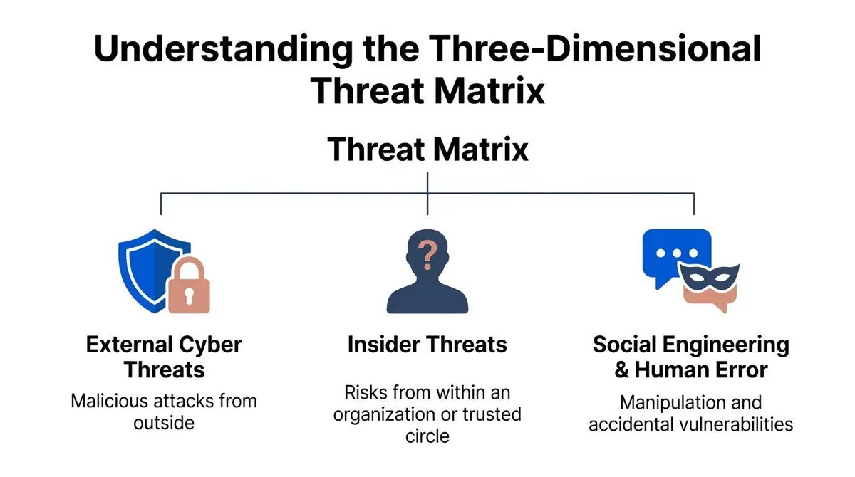 A diagram illustrating the Three-Dimensional Threat Matrix, categorizing risks into external cyber threats, insider threats, and social engineering.