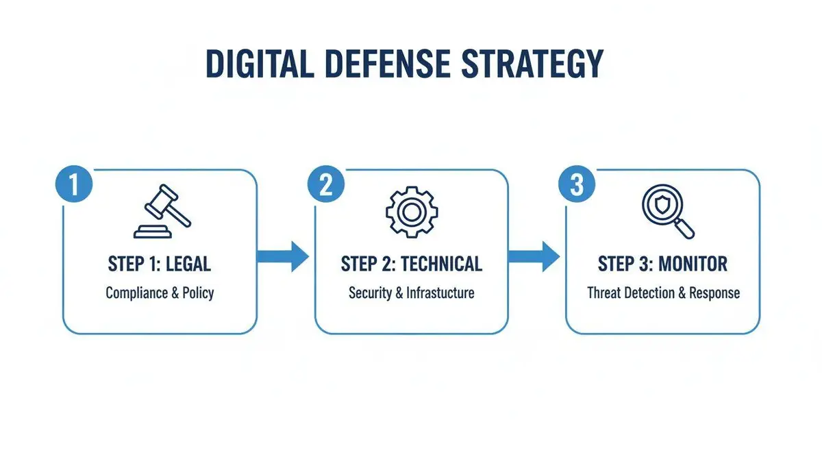 Digital Defense Strategy flowchart outlining three steps: Legal, Technical, and Monitor with details.
