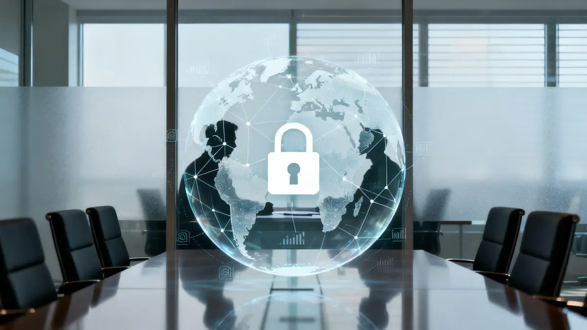 A holographic globe with a padlock icon floats in a modern conference room, symbolizing global data security and business protection.