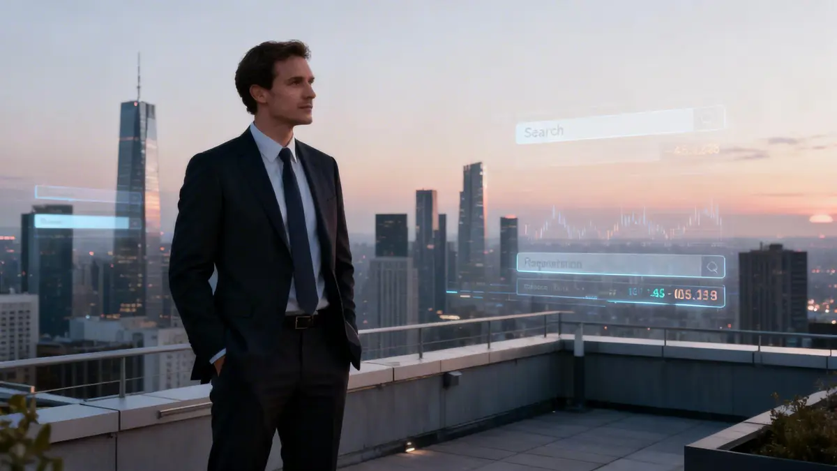 A businessman on a rooftop at sunset, observing holographic data interfaces over a city skyline.