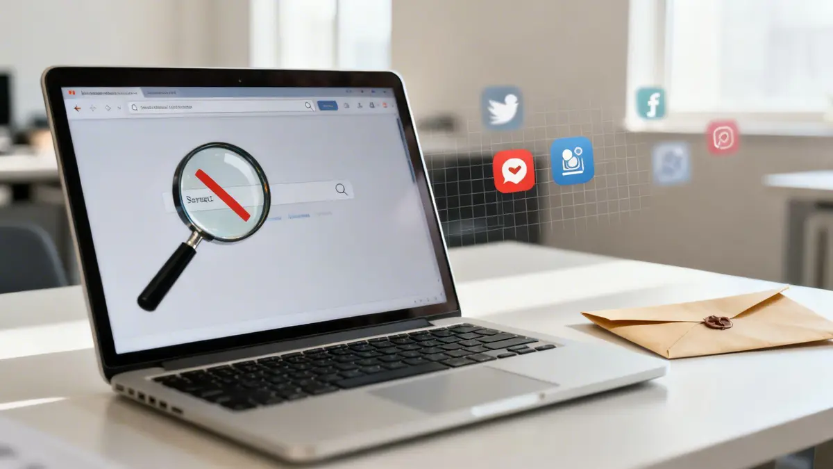 Laptop screen with 'Scraped' crossed out, social media icons, and a sealed envelope.