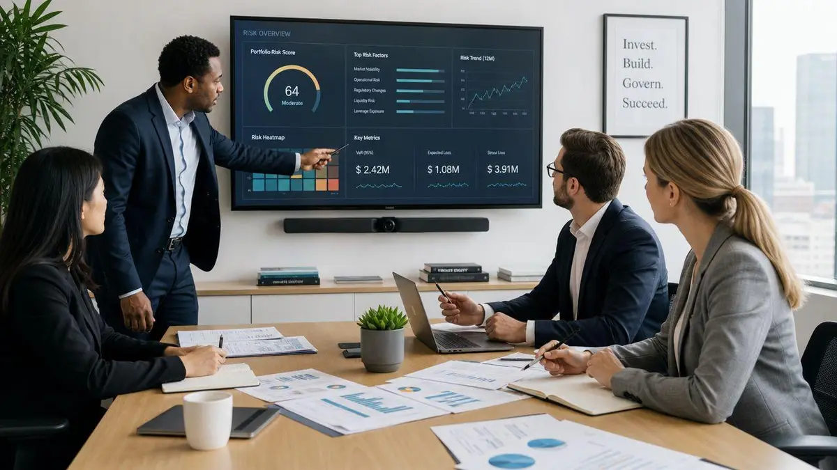 A professional team discussing business risk analytics on a large presentation screen in a modern office.