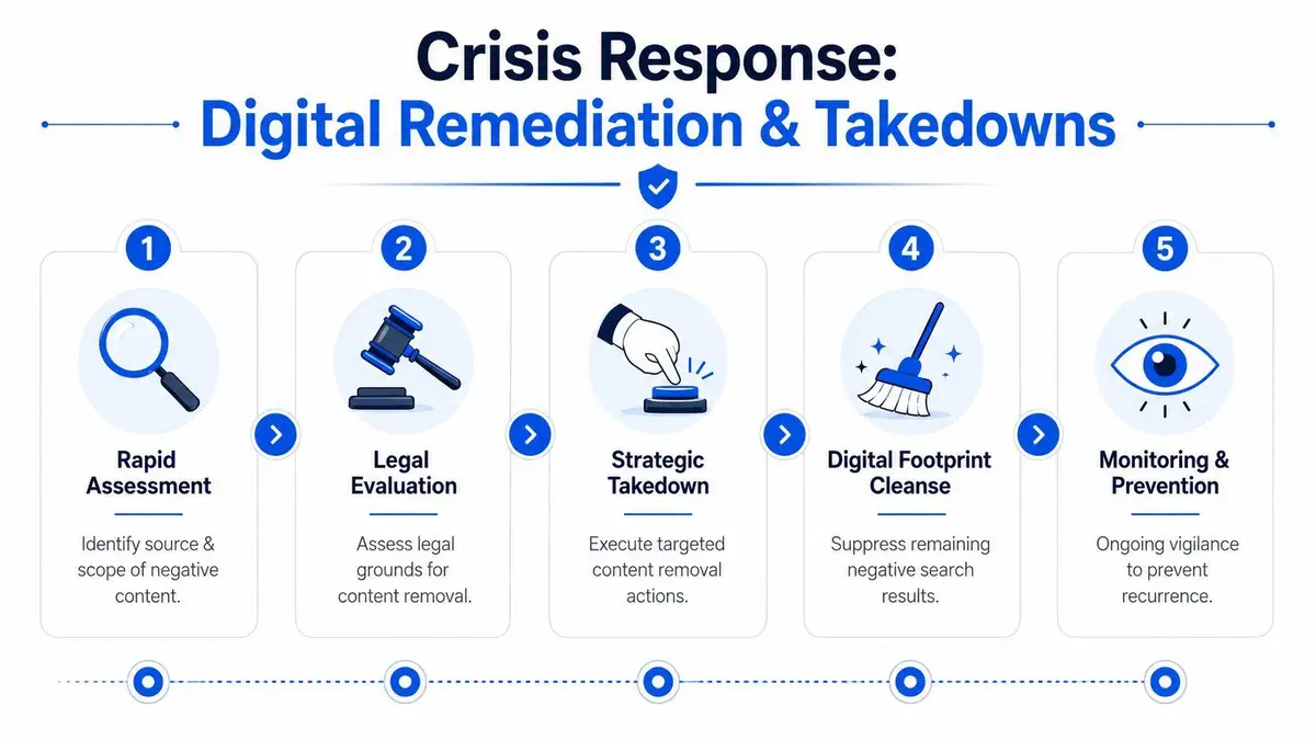 A five-step digital remediation and takedown process flowchart for managing online reputation crises effectively.