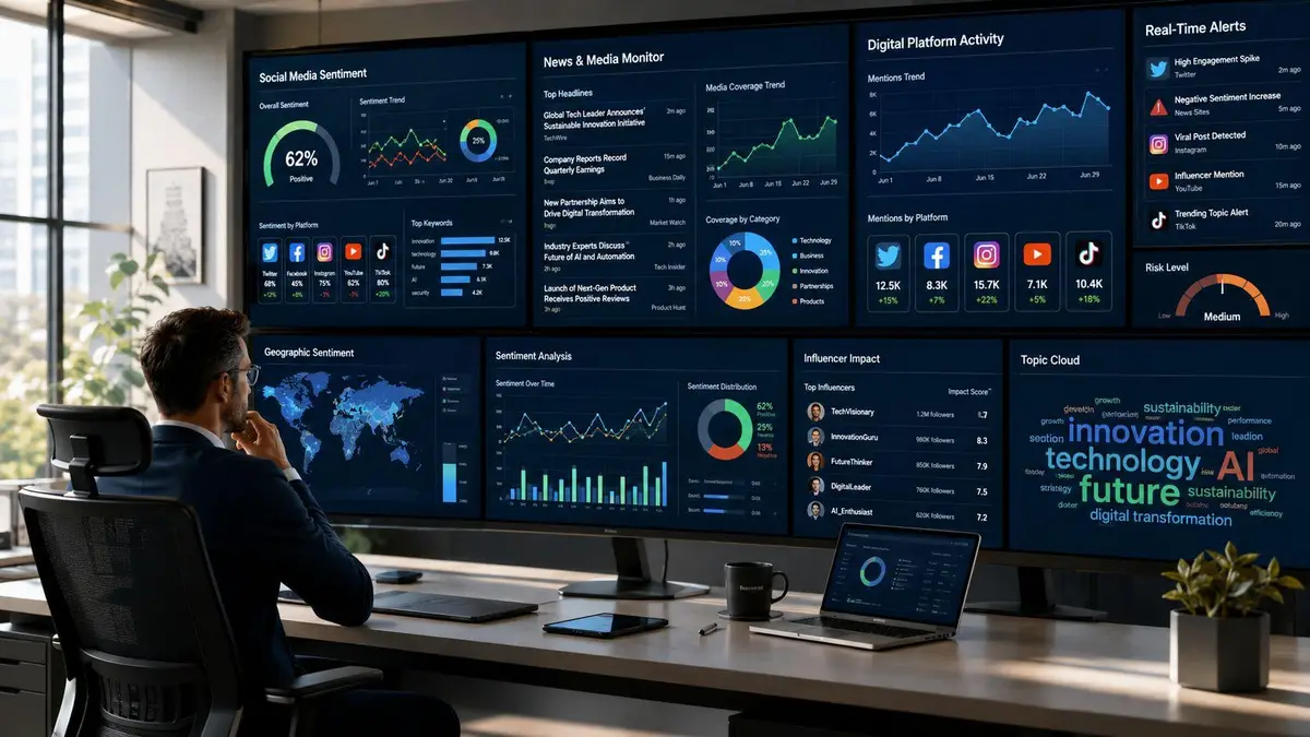 A professional analyzing social media sentiment and market trends on multiple large display monitors in an office.