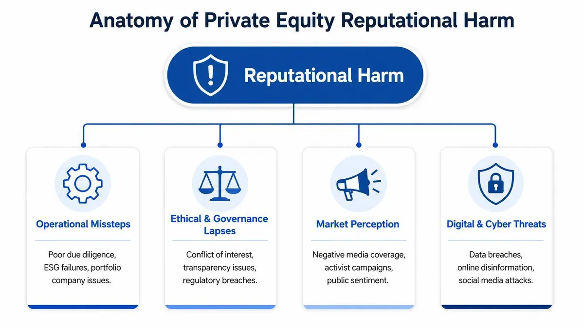 A diagram outlining the key causes of reputational harm within the private equity industry.
