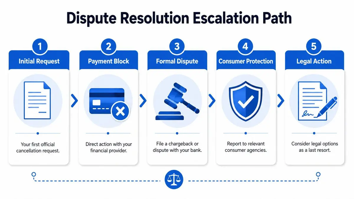 A five-step infographic showing the escalation path for cancelling a membership or resolving a financial dispute.