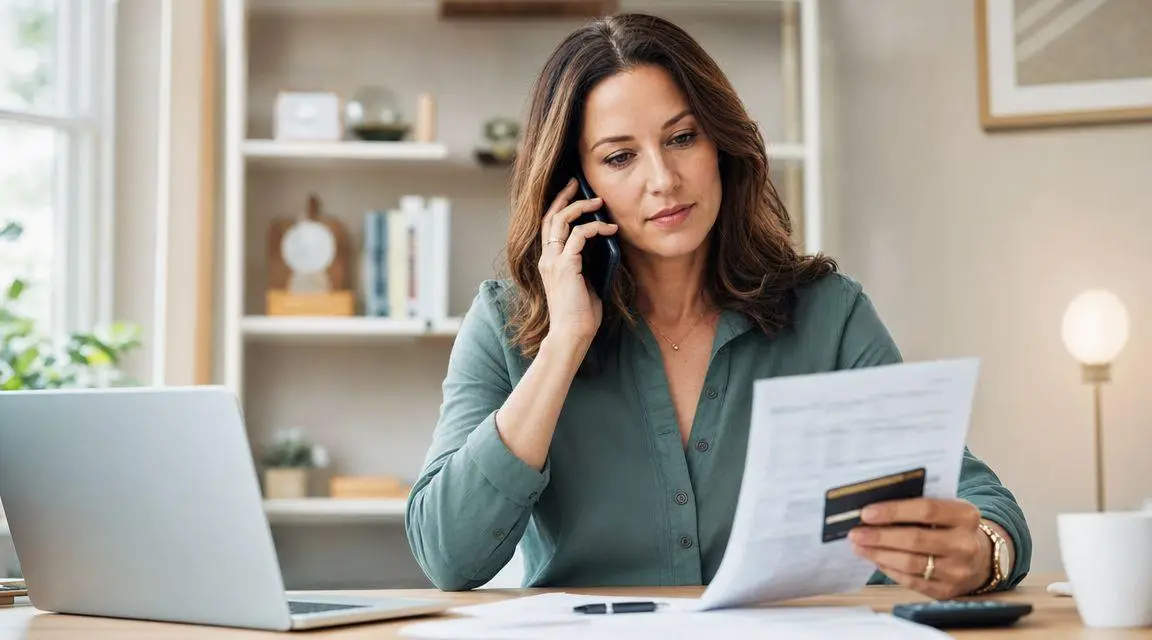 A woman reviewing documents and a credit card while speaking on her phone in an office.