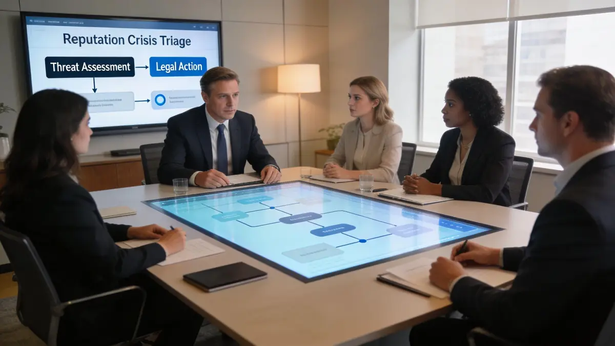 A professional team of executives in a boardroom discussing strategy for proactive reputation management using digital technology.