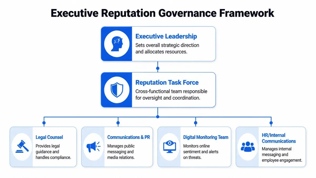 A hierarchical flowchart illustrating the executive reputation governance framework with key organizational roles and their functions.