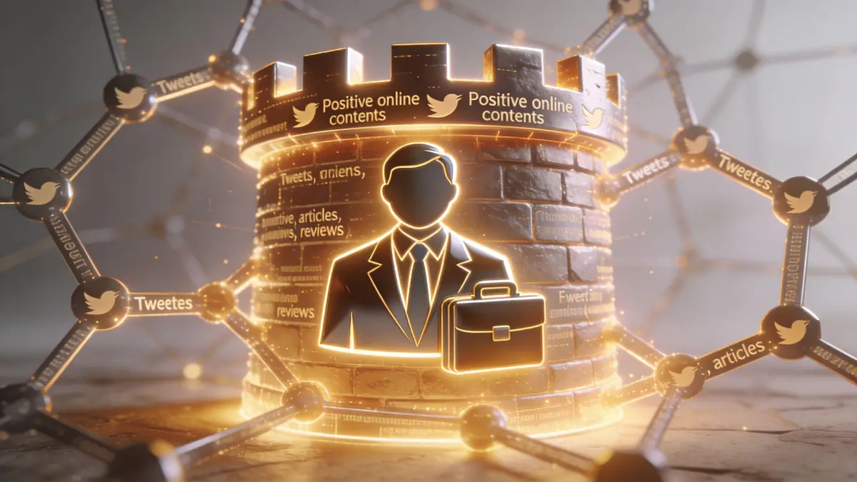 A digital illustration of a business executive protected by a glowing castle wall featuring positive online content.