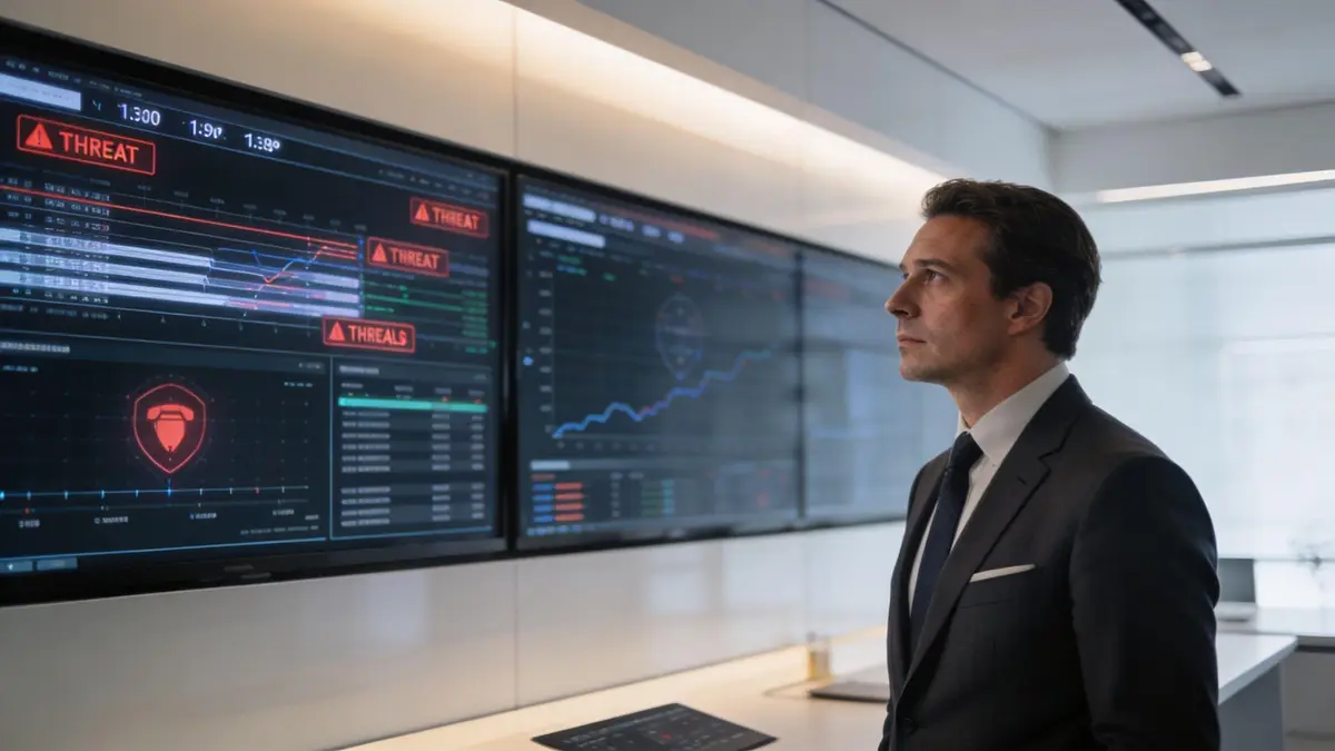 A professional man in a suit looking at digital threat alerts displayed on large office monitors.