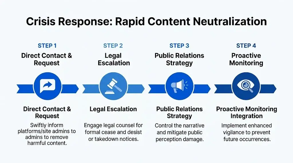 A four-step infographic illustrating a crisis response strategy for rapid content neutralization and online reputation management.