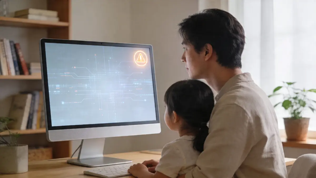 A father and his young daughter sitting together at a desk while looking at a computer screen.