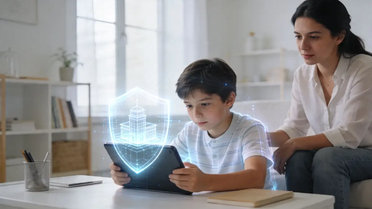 A young boy looking at a tablet with a glowing security shield hologram while his mother watches