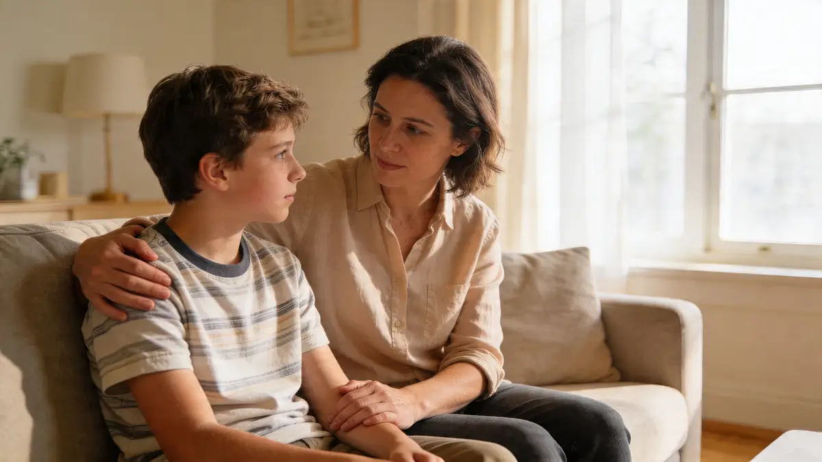 A caring mother offering emotional support and comfort to her young son while sitting on a couch.