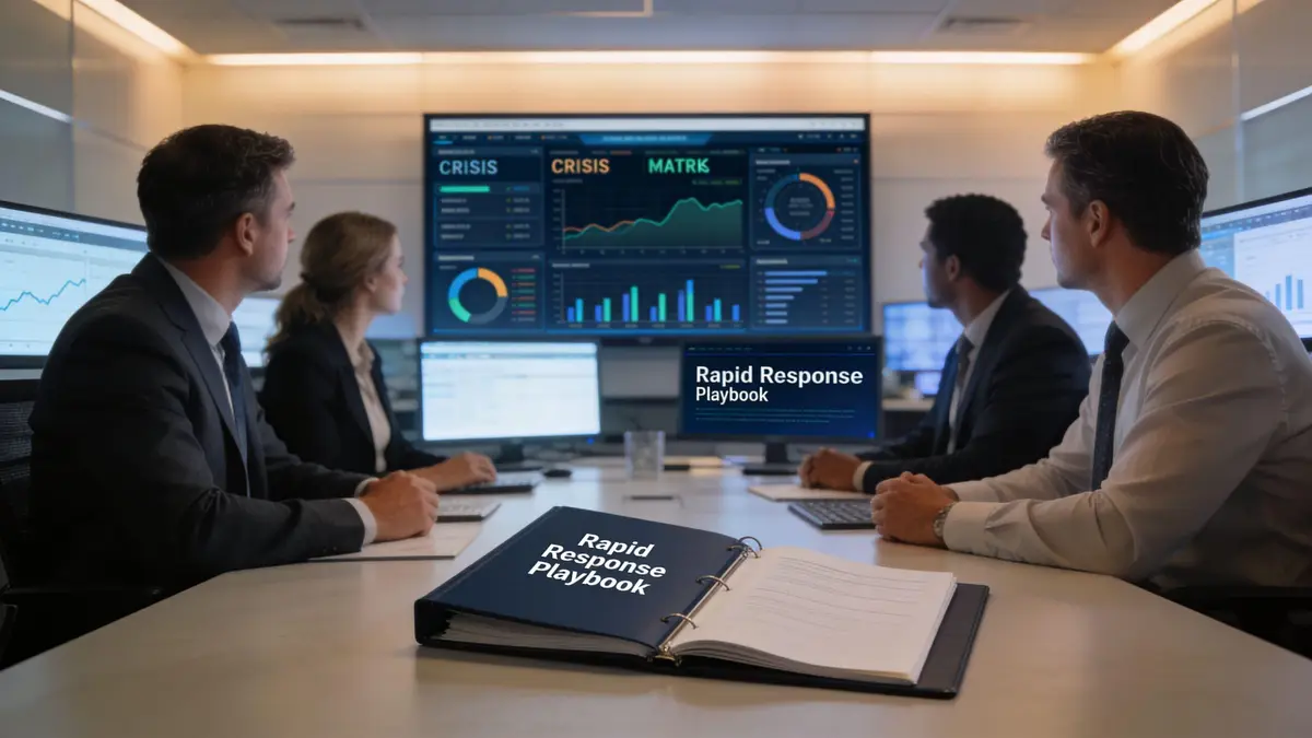A professional team in a conference room reviewing crisis management data on computer screens and a physical playbook.