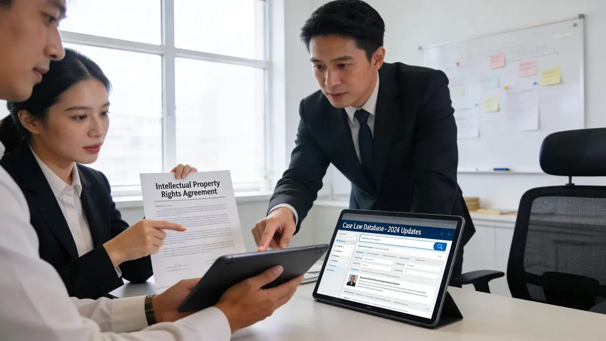 A group of professionals consulting on an intellectual property rights agreement and using a law database.