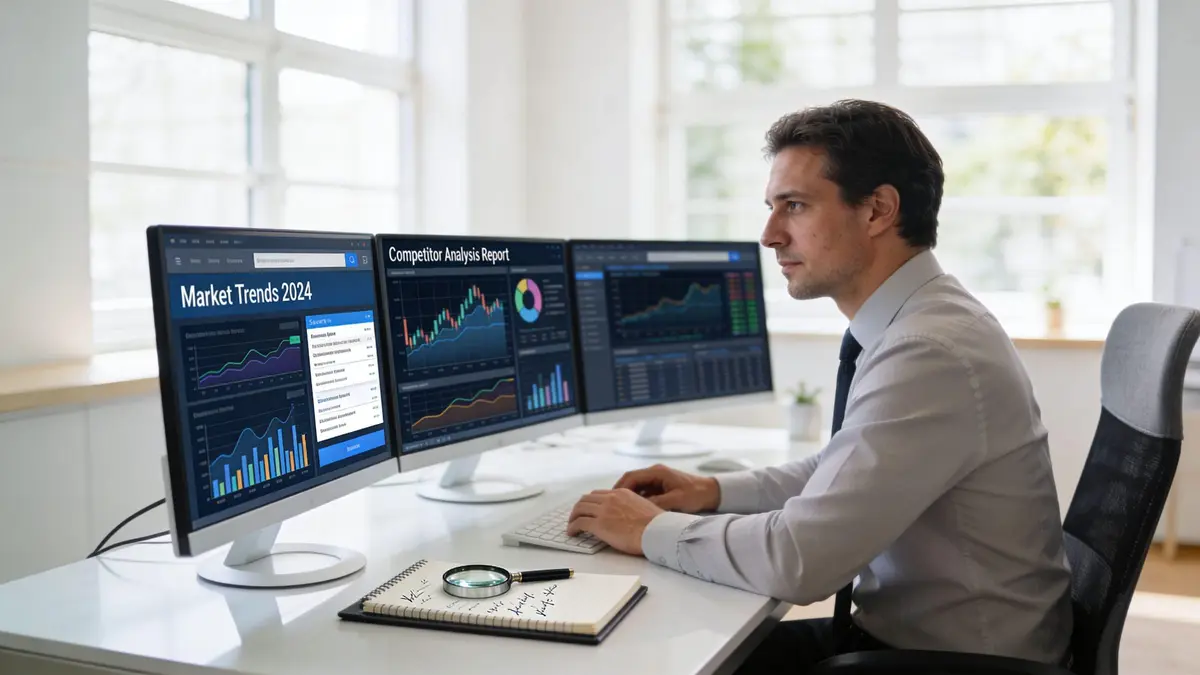 A professional man analyzing financial market trends and competitor data on multiple computer monitors in an office.