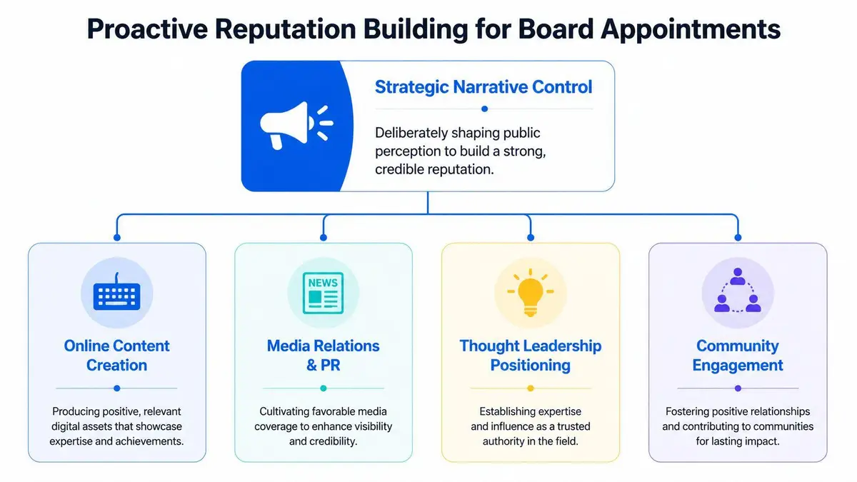 A diagram illustrating the components of proactive reputation building for board appointments through strategic narrative control.