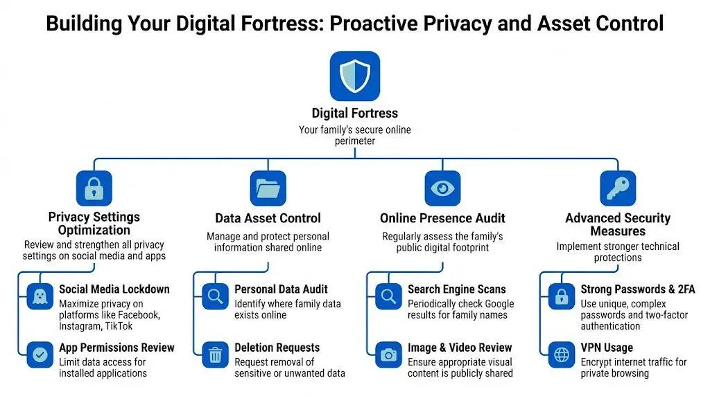 A diagram illustrating strategies for building a digital fortress to protect family privacy and online assets.
